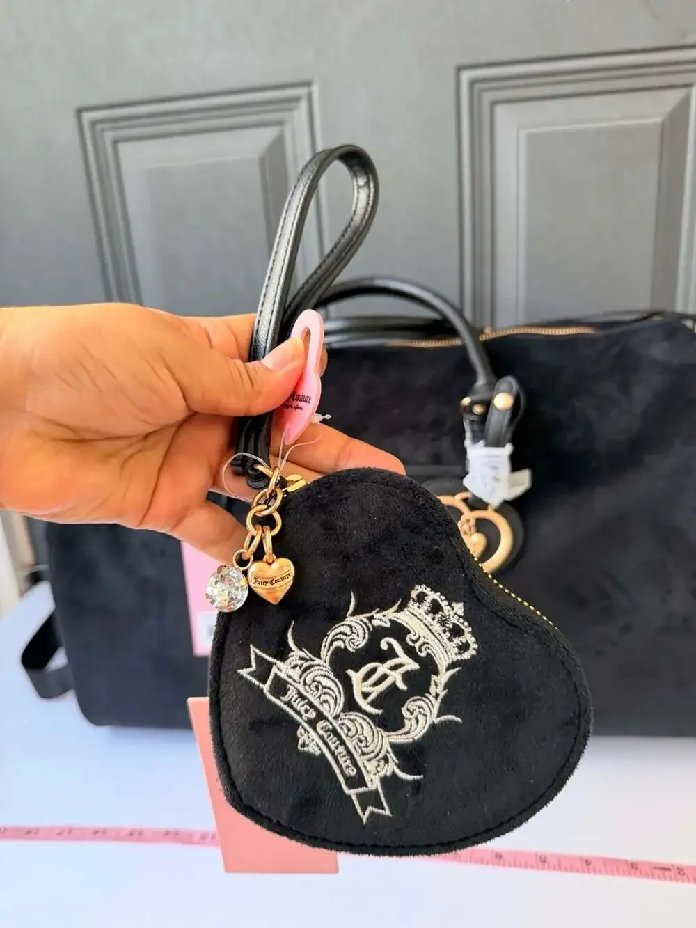 Juicy Couture Black Velour Heart Wristlet Pouch